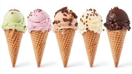 Five colorful ice cream cones with varying flavors and toppings, showcasing a delicious dessert option.