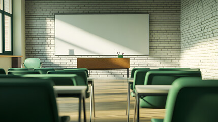 Modern conference room with brick walls and large windows
