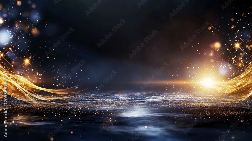 Poster Glimmering light particles sparkling in golden tones abstract background digital art dark environment illuminated viewpoint