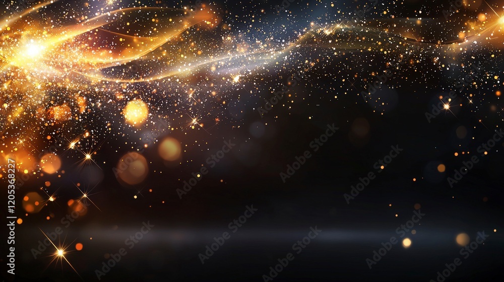 Poster close-up view of glimmering light particles in golden tones enchanting abstract art on dark backgrou
