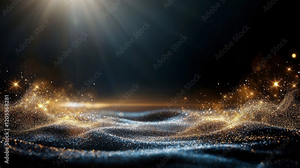 Poster Glimmering light particles sparkling in golden tones abstract background digital art dark environment captivating viewpoint