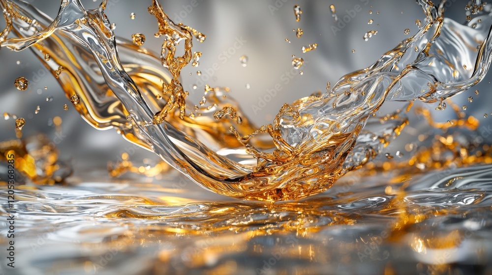 Poster dynamic splashes of liquid gold and silver tones in a glossy environment captured in high detail