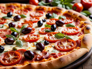 Delicious pizza with tomatoes olives and basil