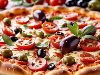 Delicious pizza with tomatoes olives and basil