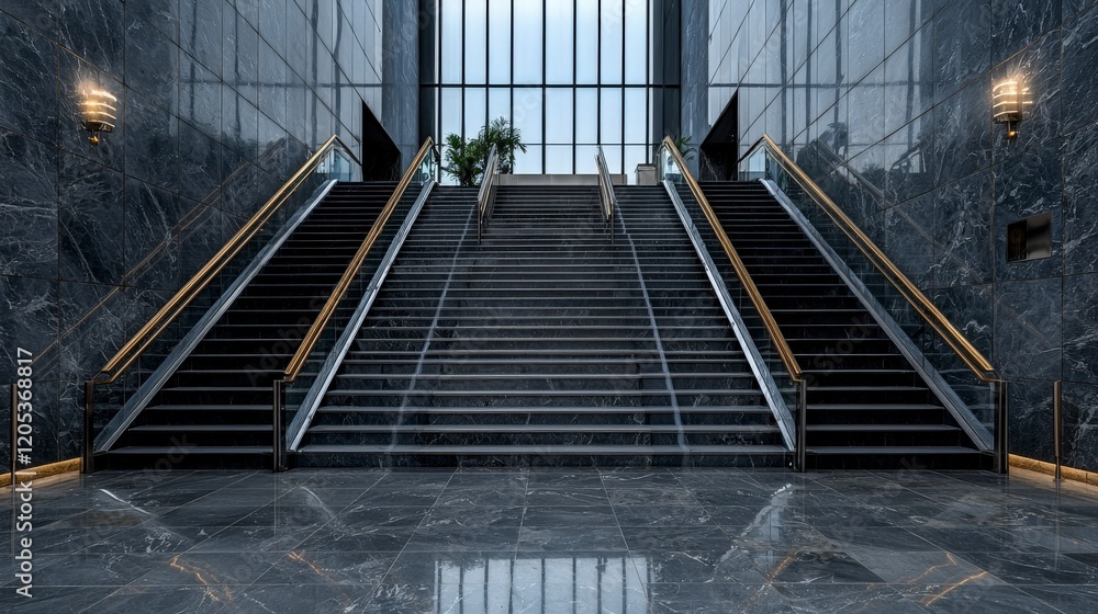 Poster minimalist environment showcasing elegant staircase design in modern office through wide-angle archi