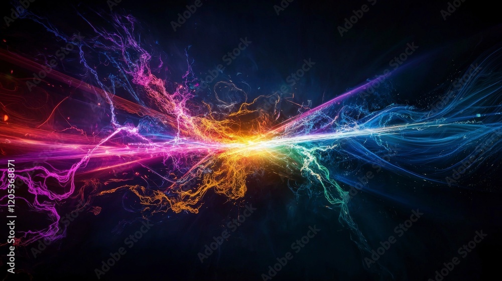 Poster dynamic laserlike light trails creating a vibrant spectrum in air abstract art digital illustration 