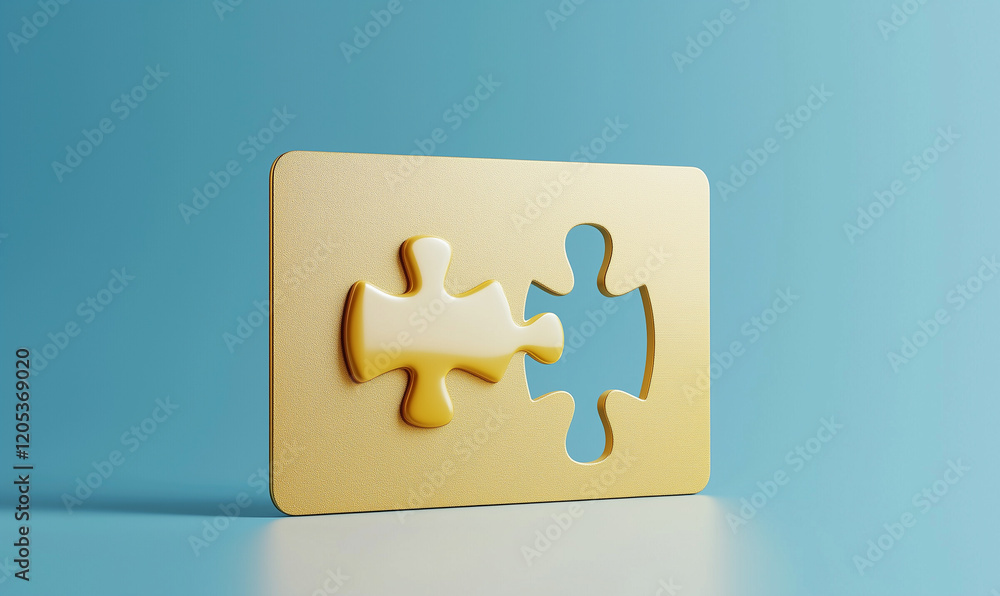Poster gold puzzle piece with a missing section on a blue background, symbolizing connection and completion