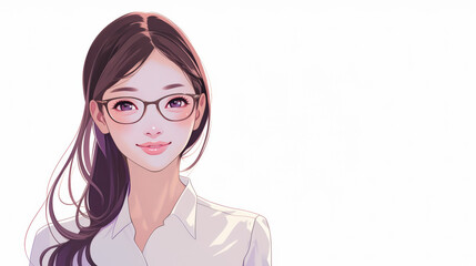 A cartoon business woman wearing glasses in white suit, pure white backgroud