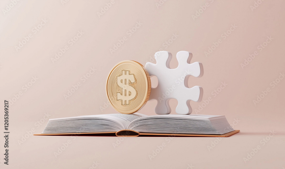 Poster an open book with a gold coin and a puzzle piece, symbolizing knowledge and problem-solving.