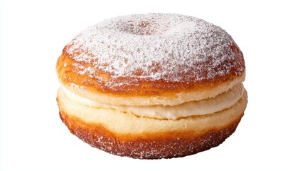 A fluffy donut filled with cream and dusted with powdered sugar, showcasing a deliciously sweet treat perfect for dessert lovers.