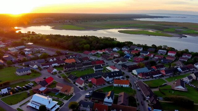 Aerial flyover of coastal town of Beaufort, South Carolina, USA at sunset.