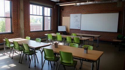 Modern conference room with brick walls and large windows
