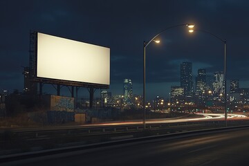 Empty billboard at night overlooking a city skyline