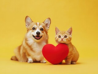 Obraz premium Cute dog and cat with a red heart, isolated on a yellow background