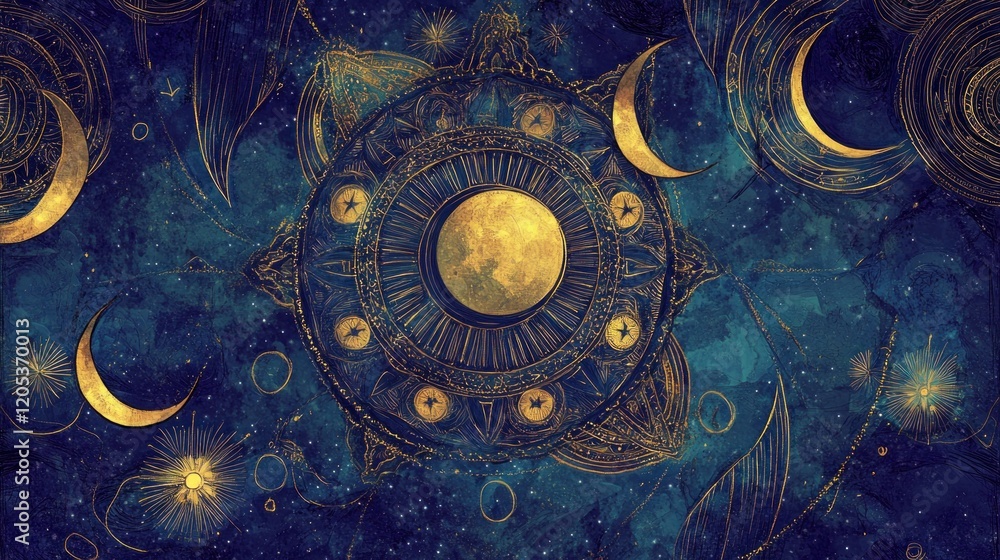 Poster golden moon and celestial pattern on dark blue textured background for mystical design