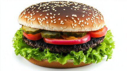 A detailed close-up of a hamburger showcasing fresh lettuce, ripe tomato, and crunchy pickles, highlighting its delicious layers and textures.