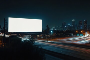 Empty billboard at night overlooking a city skyline