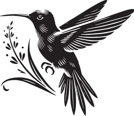 Black Color Hummingbird Silhouette Vector Illustration, Solid White Background. minimal vector design
