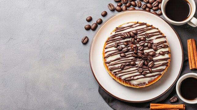 A delicious dessert featuring a coffee-flavored cake topped with chocolate drizzle, coffee beans, and served with cups of coffee and cinnamon sticks.