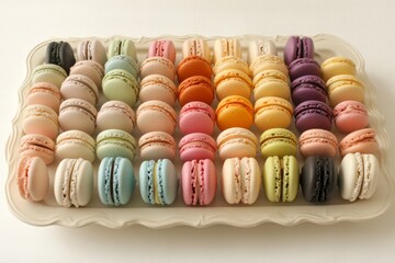 lots of colorful macarons on plate against beige background
