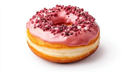 A delicious donut with pink icing and colorful sprinkles on top, featuring a soft, fluffy texture and a creamy filling.
