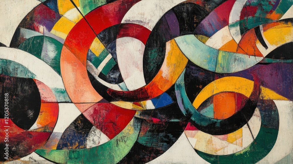 Poster abstract composition featuring bold, overlapping circles and vibrant colors on a textured surface
