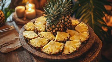 Cozy pineapple platter for branding, featuring a rustic arrangement of pineapple wedges, paired with warm lighting and earthy props for an inviting and approachable feel