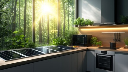 A futuristic kitchen with sleek solar-powered appliances, surrounded by lush greenery and bathed in natural sunlight through large windows