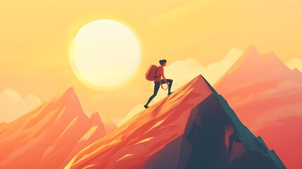 Person Climbing Steep Hill Towards Sunset in Vibrant Landscape