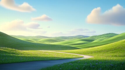 Stunning sunrise over rolling green hills with meandering path and vibrant spring sky