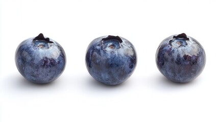 Three fresh blueberries are displayed on a clean white surface, highlighting their vibrant color against a minimalistic background.