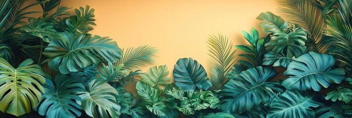 Tropical Paradise: Lush Greenery Against a Warm Yellow Background