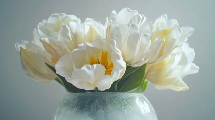 A vibrant time-lapse of a white parrot tulip bouquet in a frosted glass vase, slowly opening its delicate petals while rotating. The tulips transition from pure white to pale yellow.