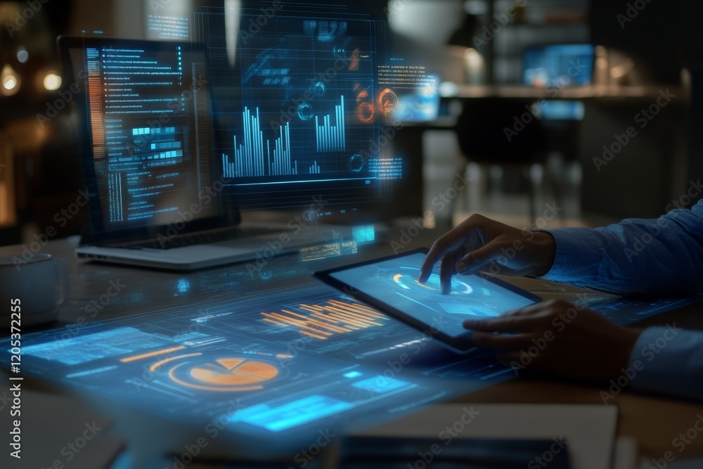 Poster modern office workspace with holographic data visualizations and advanced digital tools for analysis
