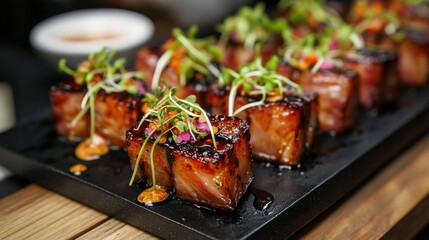 Crispy pork belly with modern plating, arranged in geometric patterns, paired with light sauces and microgreens for a sleek, contemporary look