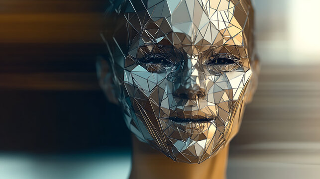 Stunning lowpoly 3D render of a womans face, showcasing futuristic elegance and technological advancement. Ideal for AI, technology, beauty, and fashion concepts.