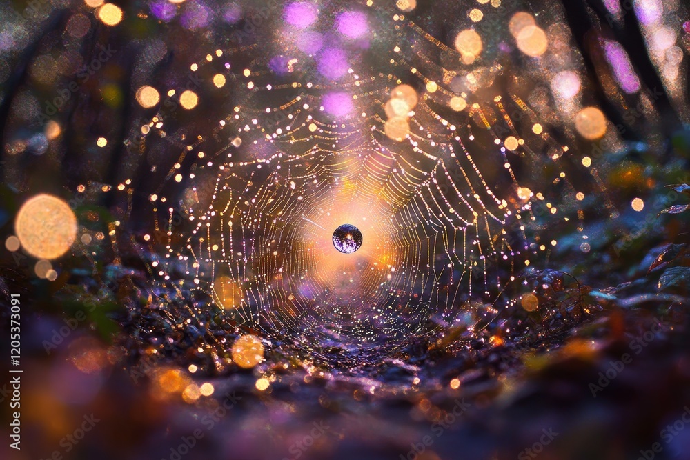 Poster mesmerizing spiderweb adorned with water droplets against a colorful bokeh background