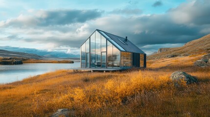 Obraz premium Modern Glass House by Tranquil Lake Under Dramatic Sky