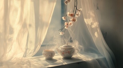 Delicate porcelain teacups with plum blossoms, soft steam rising, embodying serenity and elegance of Chinese New Year.