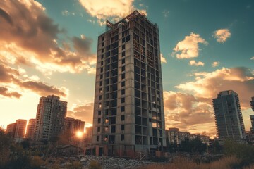 Striking urban construction scene at golden hour with towering high rise and dramatic sky colors