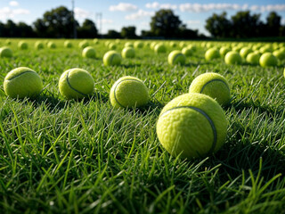 Many tennis balls scattered on a lush green grass field during daytime under a clear blue sky