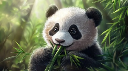 Obraz premium A detailed portrait of a panda bear munching on bamboo in a lush green forest