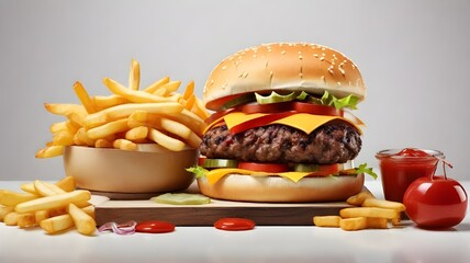 Assortment of Iconic Food Items, Including Juicy Burgers, Crispy Fries, and Tangy Ketchup, Beautifully Arranged Against a Clean White Background for a Tempting Display
