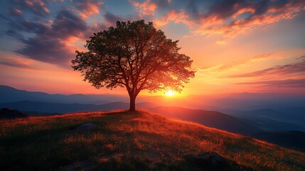 Lone tree sunset mountaintop scenic landscape