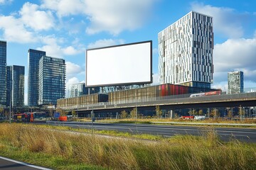 Obraz premium Blank billboard in a bustling city skyline, perfect for advertisement mockups