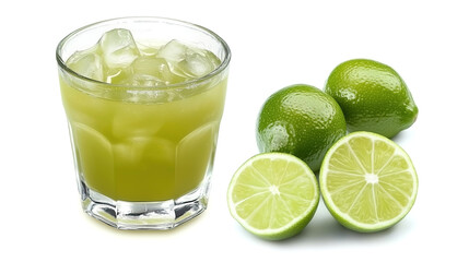 glass of green lime juice with ice cubes isolated on white background