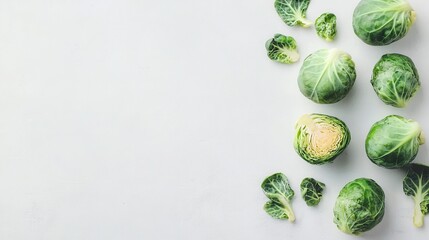 A detailed close-up view of fresh brussels sprouts arranged on a clean white surface, showcasing their vibrant green color and unique texture.
