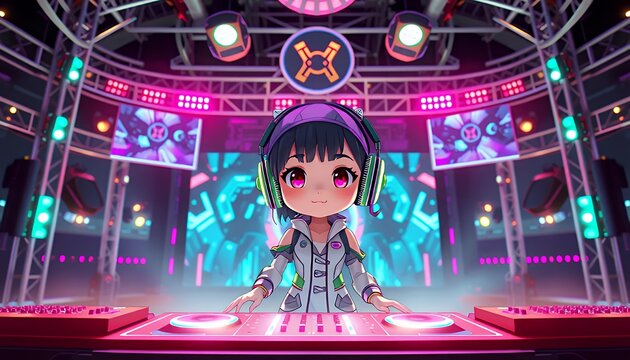 A young female DJ performs an energetic set at a vibrant music festival, bathed in neon lights and surrounded by a futuristic stage setup. The digital art style adds a layer of whimsical charm.  Her p