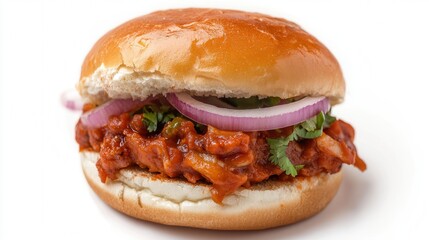 A delicious sandwich featuring layers of meat and fresh onions, showcasing a perfect blend of flavors and textures for a satisfying meal.