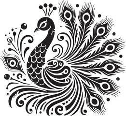 Black Color Peacock Silhouette Vector Illustration, Solid White Background. minimal vector design